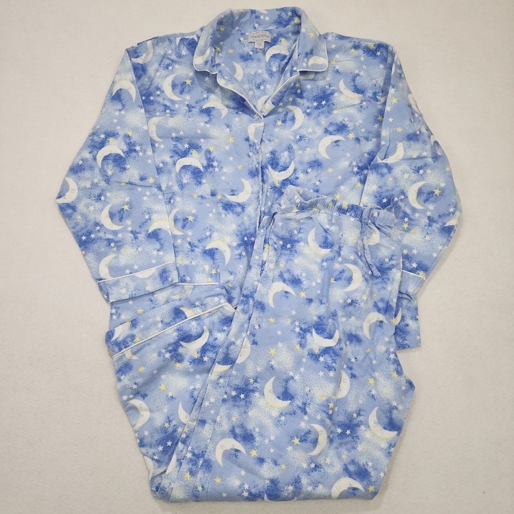 Lanz of Salzburg Pajama Set Womens 1X Blue Stars Moon Flannel 100% Cotton Set